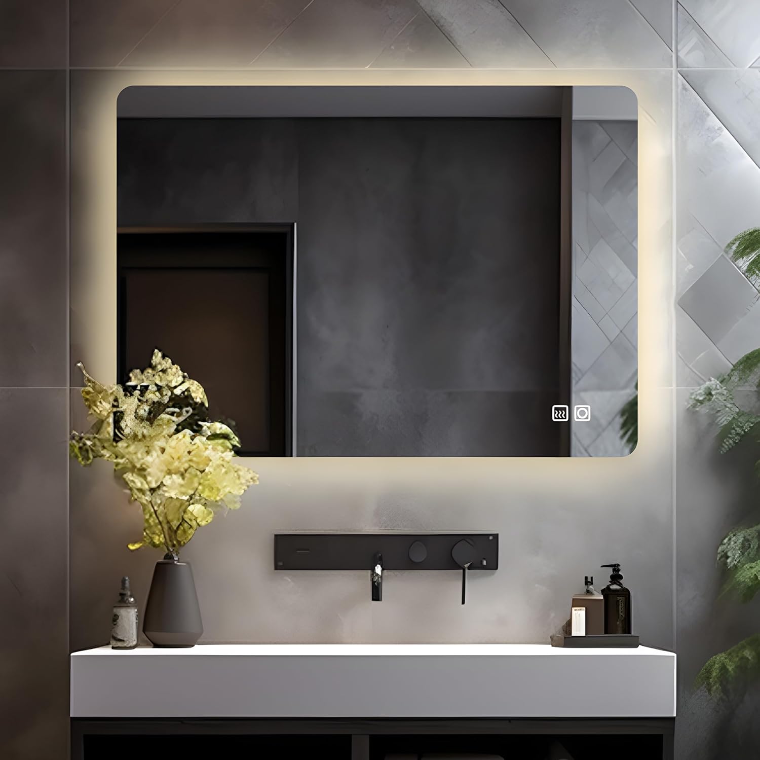 LISA LED Bathroom Mirror with Lighting, 80 x 60 cm, Large Bathroom Mirror with Touch, Dimmable, Warm White/Cool White Light, Anti-Fog Wall Mirror for Bathroom, Toilet, Hallway, Rear Lighting - Carlat