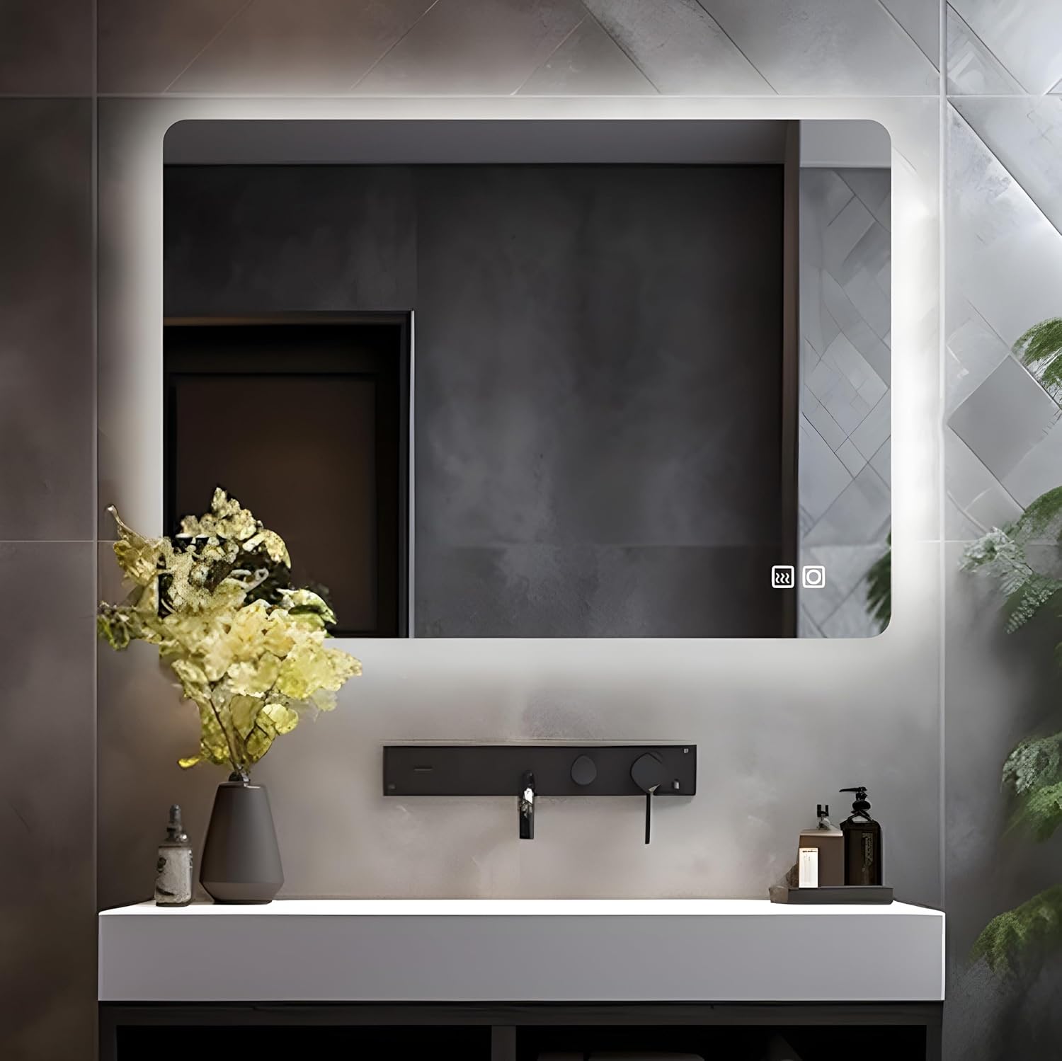 LISA LED Bathroom Mirror with Lighting, 80 x 60 cm, Large Bathroom Mirror with Touch, Dimmable, Warm White/Cool White Light, Anti-Fog Wall Mirror for Bathroom, Toilet, Hallway, Rear Lighting - Carlat