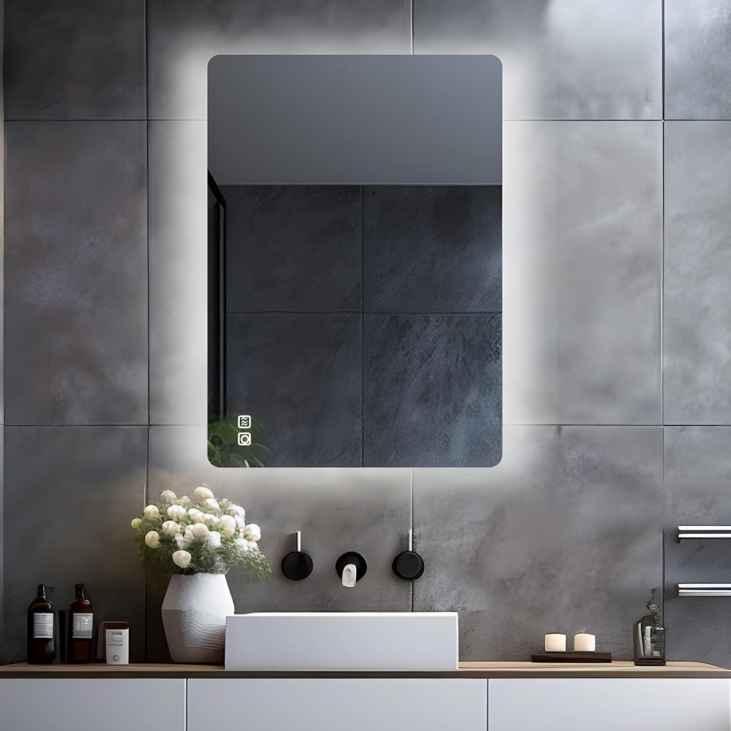 LISA LED Bathroom Mirror with Lighting, 80 x 60 cm, Large Bathroom Mirror with Touch, Dimmable, Warm White/Cool White Light, Anti-Fog Wall Mirror for Bathroom, Toilet, Hallway, Rear Lighting - Carlat
