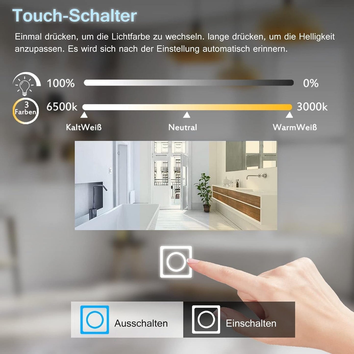 LISA LED Bathroom Mirror with Lighting, 80 x 60 cm, Large Bathroom Mirror with Touch, Dimmable, Warm White/Cool White Light, Anti-Fog Wall Mirror for Bathroom, Toilet, Hallway, Rear Lighting - Carlat