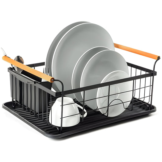 Large dish rack with drip tray, plates, and cutlery; black, freestanding, metal - Carlat
