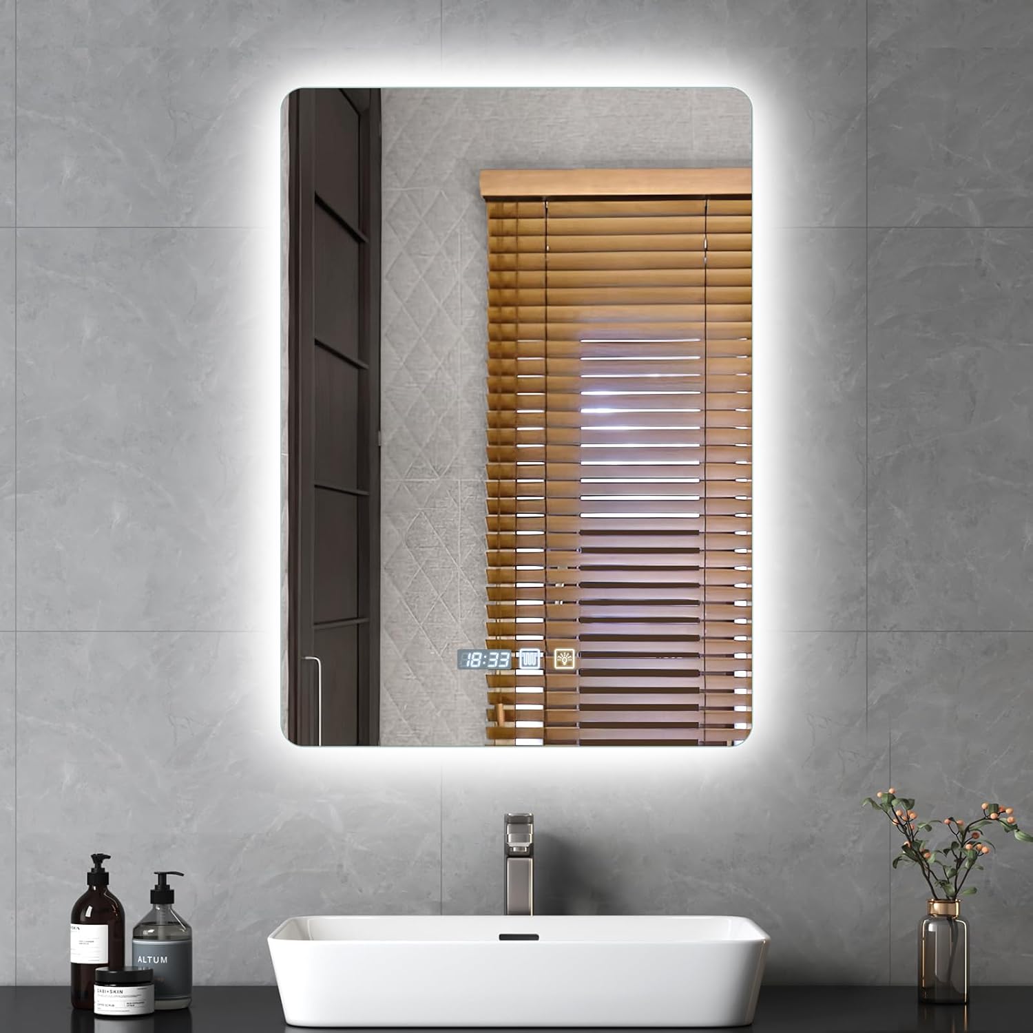 Litglobe Bathroom Mirror with Lighting 50 x 70 cm, Mirror with Lighting with Anti-Fog, Bathroom Mirror with Clock, LED Bathroom Mirror with Touch Switch, Memory Function, 3 Light Colours, Dimmable - Carlat