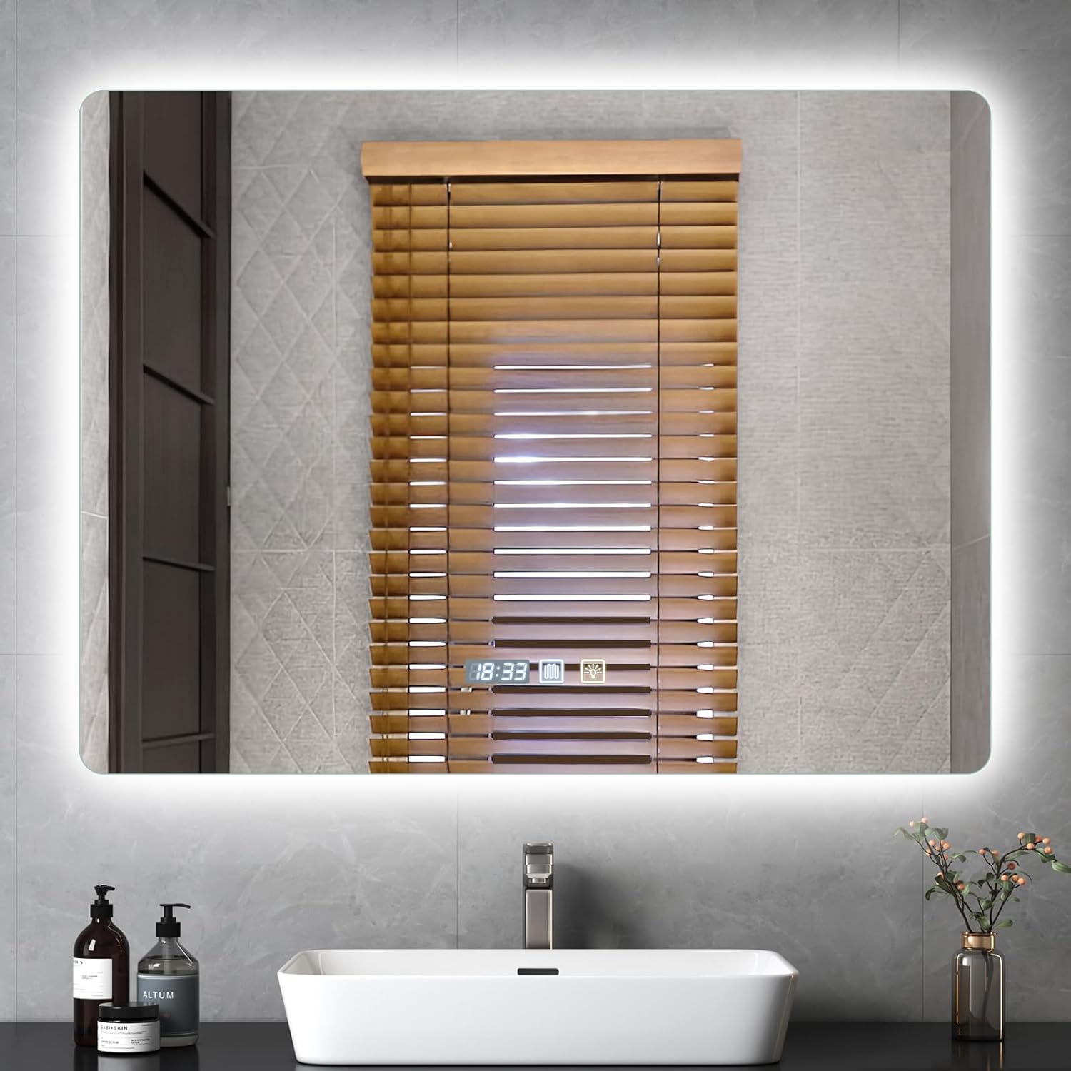 Litglobe Bathroom Mirror with Lighting 50 x 70 cm, Mirror with Lighting with Anti-Fog, Bathroom Mirror with Clock, LED Bathroom Mirror with Touch Switch, Memory Function, 3 Light Colours, Dimmable - Carlat