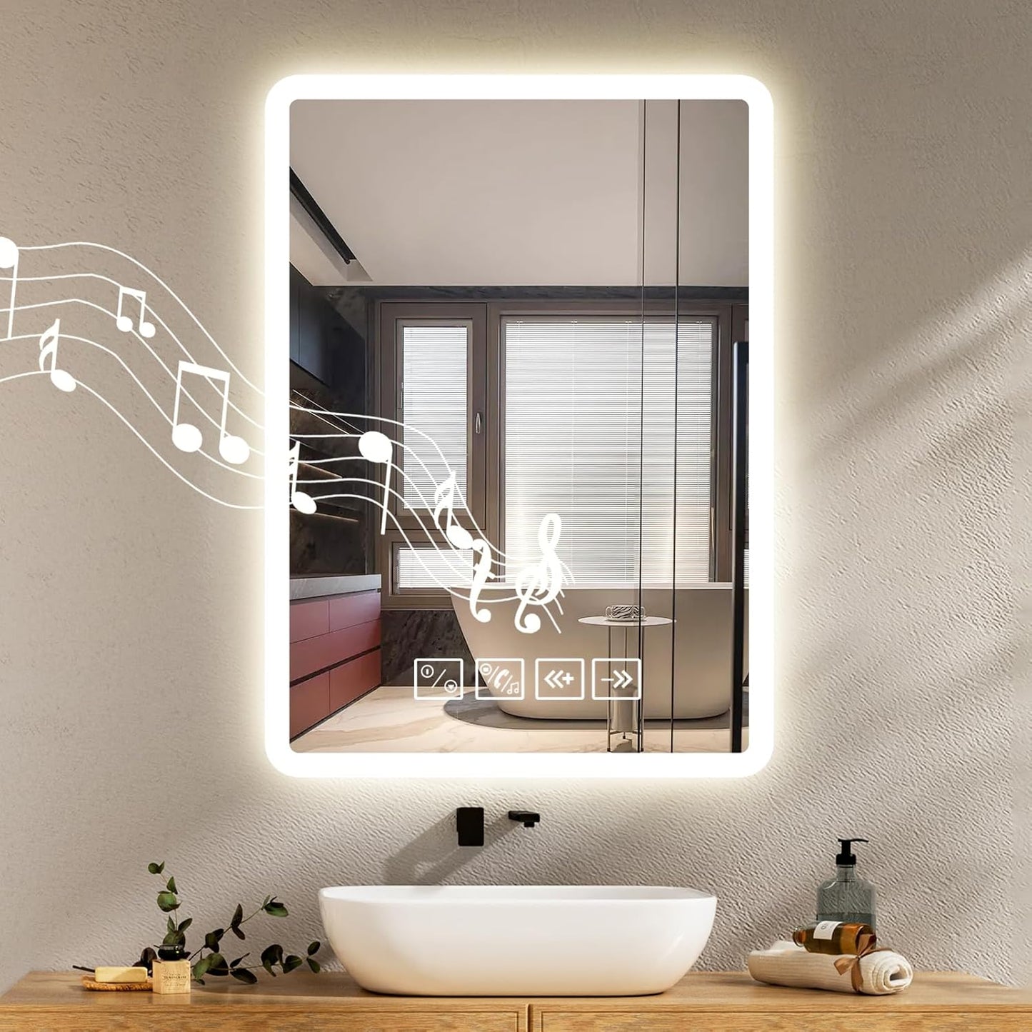 Litglobe Bathroom Mirror with Lighting 50 x 70 cm, Mirror with Lighting with Anti-Fog, Bathroom Mirror with Clock, LED Bathroom Mirror with Touch Switch, Memory Function, 3 Light Colours, Dimmable - Carlat