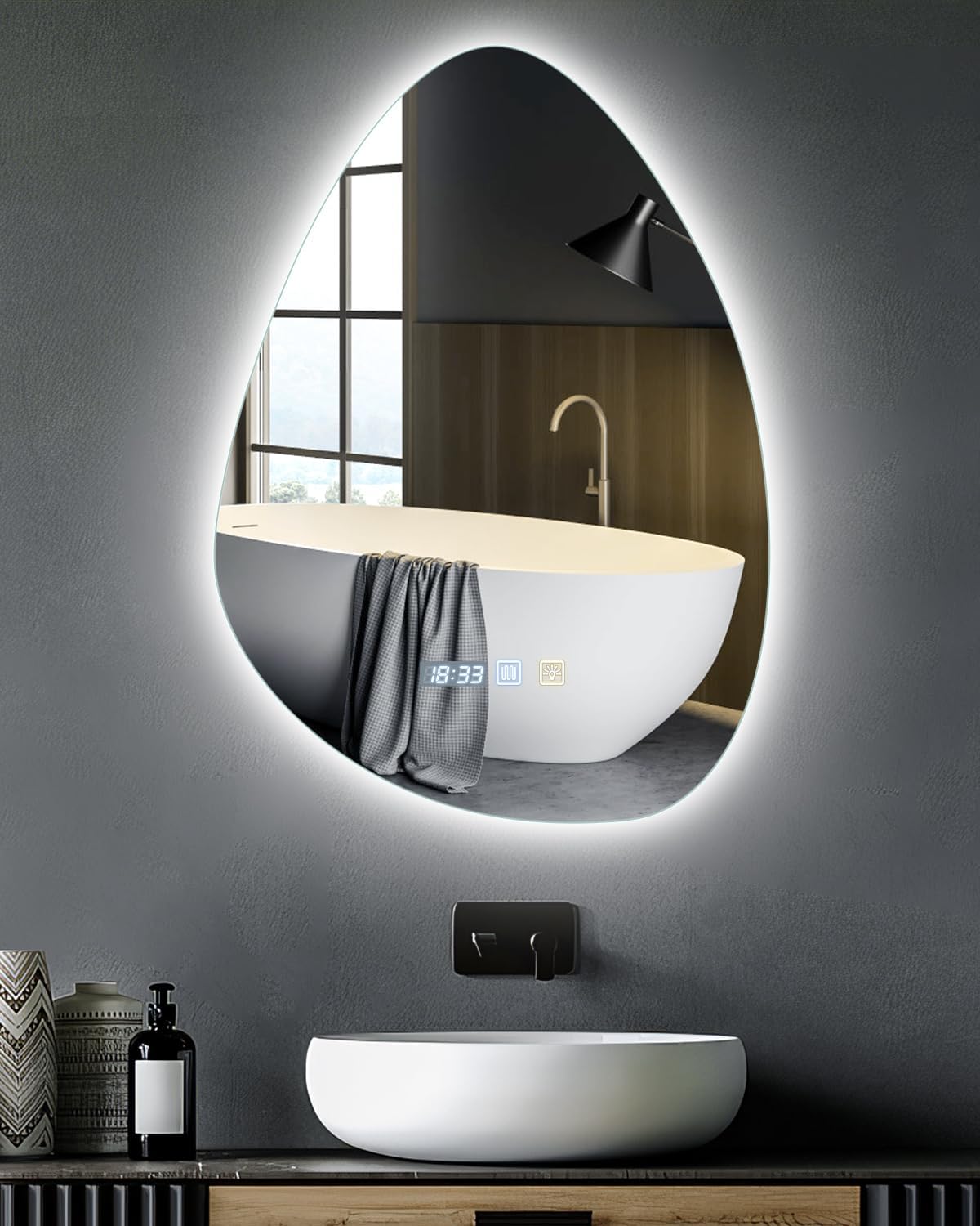 Litglobe Bathroom Mirror with Lighting 50 x 70 cm, Mirror with Lighting with Anti-Fog, Bathroom Mirror with Clock, LED Bathroom Mirror with Touch Switch, Memory Function, 3 Light Colours, Dimmable - Carlat