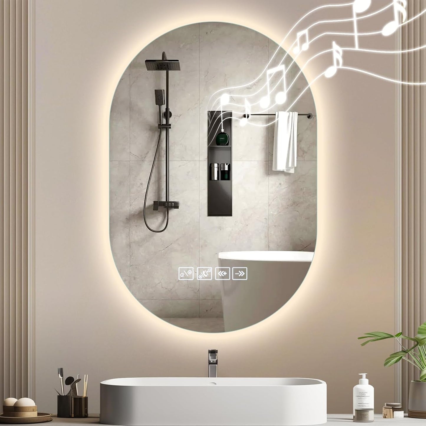 Litglobe Bathroom Mirror with Lighting 50 x 70 cm, Mirror with Lighting with Anti-Fog, Bathroom Mirror with Clock, LED Bathroom Mirror with Touch Switch, Memory Function, 3 Light Colours, Dimmable - Carlat