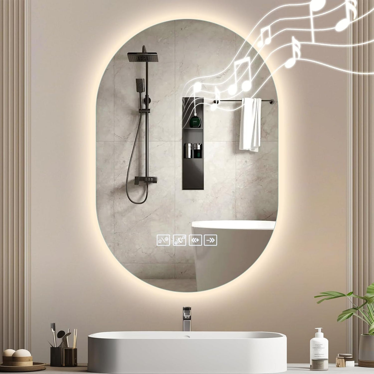 Litglobe Bathroom Mirror with Lighting 50 x 70 cm, Mirror with Lighting with Anti-Fog, Bathroom Mirror with Clock, LED Bathroom Mirror with Touch Switch, Memory Function, 3 Light Colours, Dimmable - Carlat