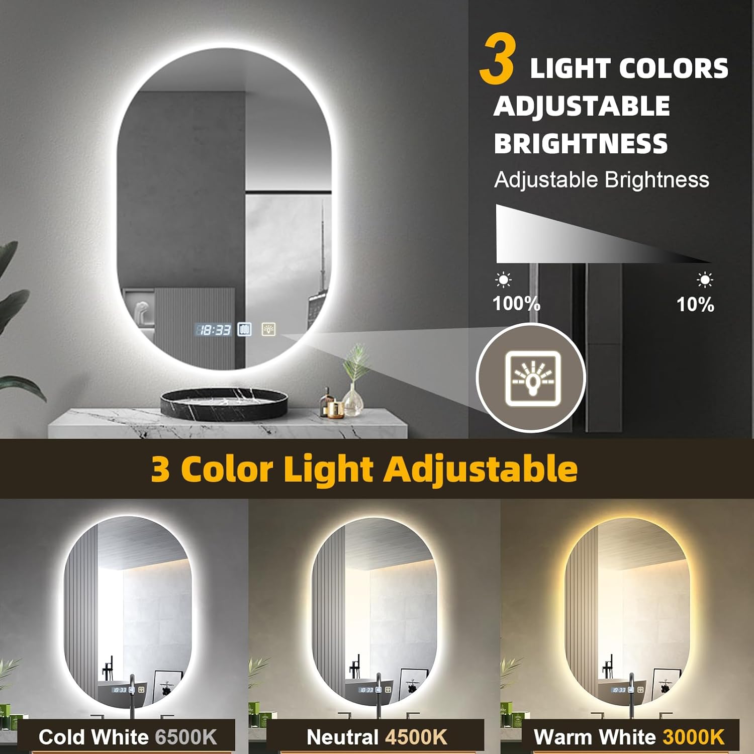 Litglobe Bathroom Mirror with Lighting 50 x 70 cm, Mirror with Lighting with Anti-Fog, Bathroom Mirror with Clock, LED Bathroom Mirror with Touch Switch, Memory Function, 3 Light Colours, Dimmable - Carlat