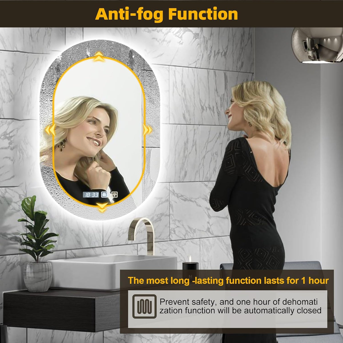 Litglobe Bathroom Mirror with Lighting 50 x 70 cm, Mirror with Lighting with Anti-Fog, Bathroom Mirror with Clock, LED Bathroom Mirror with Touch Switch, Memory Function, 3 Light Colours, Dimmable - Carlat