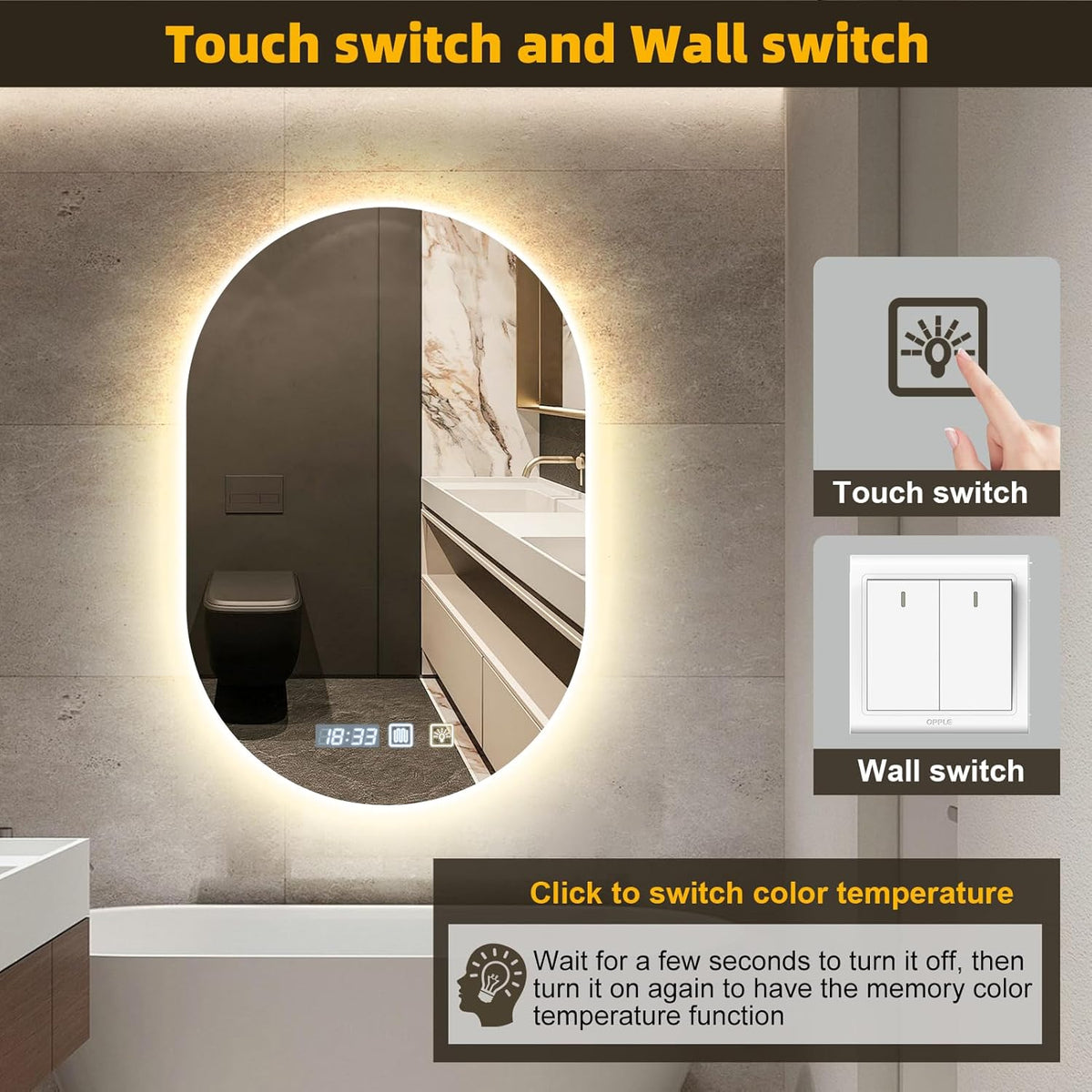 Litglobe Bathroom Mirror with Lighting 50 x 70 cm, Mirror with Lighting with Anti-Fog, Bathroom Mirror with Clock, LED Bathroom Mirror with Touch Switch, Memory Function, 3 Light Colours, Dimmable - Carlat
