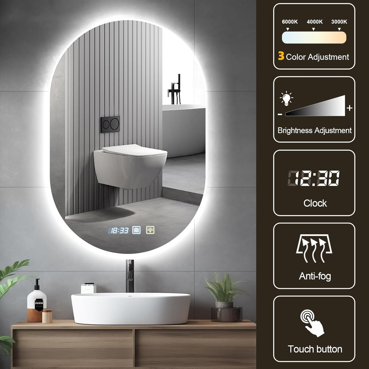 Litglobe Bathroom Mirror with Lighting 50 x 70 cm, Mirror with Lighting with Anti-Fog, Bathroom Mirror with Clock, LED Bathroom Mirror with Touch Switch, Memory Function, 3 Light Colours, Dimmable - Carlat