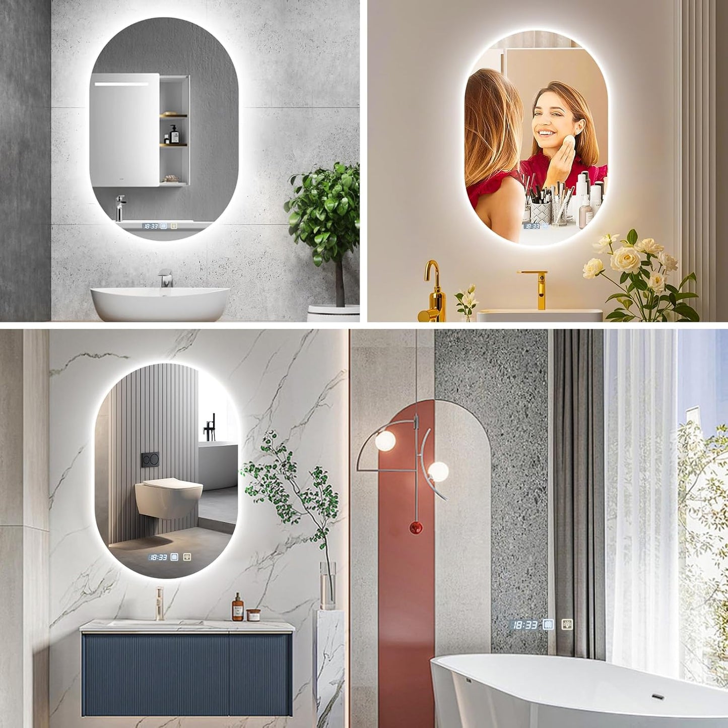 Litglobe Bathroom Mirror with Lighting 50 x 70 cm, Mirror with Lighting with Anti-Fog, Bathroom Mirror with Clock, LED Bathroom Mirror with Touch Switch, Memory Function, 3 Light Colours, Dimmable - Carlat