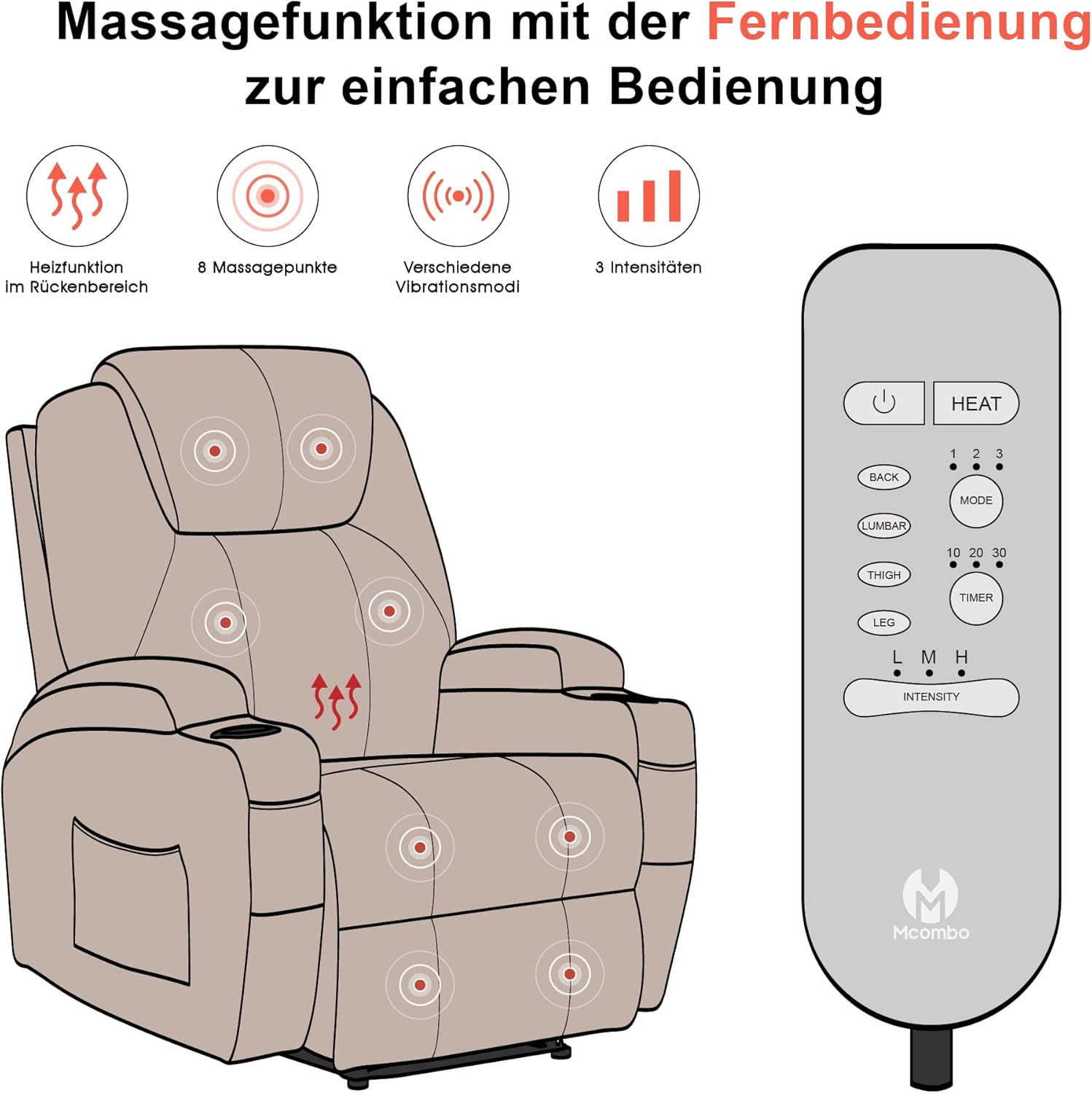 MCombo Electric Relaxing Chair, Massage Chair, Television Chair, Reclining Function, Vibration, Heater 7061 - Carlat