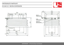 Technical drawing of a suspension system with dimensions and labels, featuring the UnitedSeats logo.