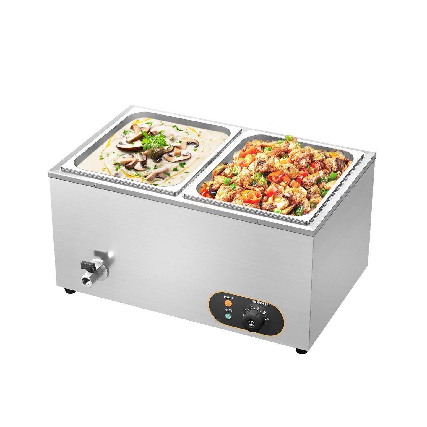 MOOTACO Bain Marie Speisenwärmer Wasserbad Gastro GN-Behältern (GN) 1/2x 2 Warmhalter Edelstahl mit Ablaufhahn 1500W Elektrischer Buffetwärmer,Wasserbad Temperatur einstellbar von 30-85 °C - Carlat