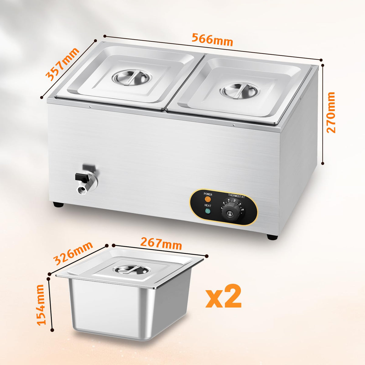 MOOTACO Bain Marie Speisenwärmer Wasserbad Gastro GN-Behältern (GN) 1/2x 2 Warmhalter Edelstahl mit Ablaufhahn 1500W Elektrischer Buffetwärmer,Wasserbad Temperatur einstellbar von 30-85 °C - Carlat