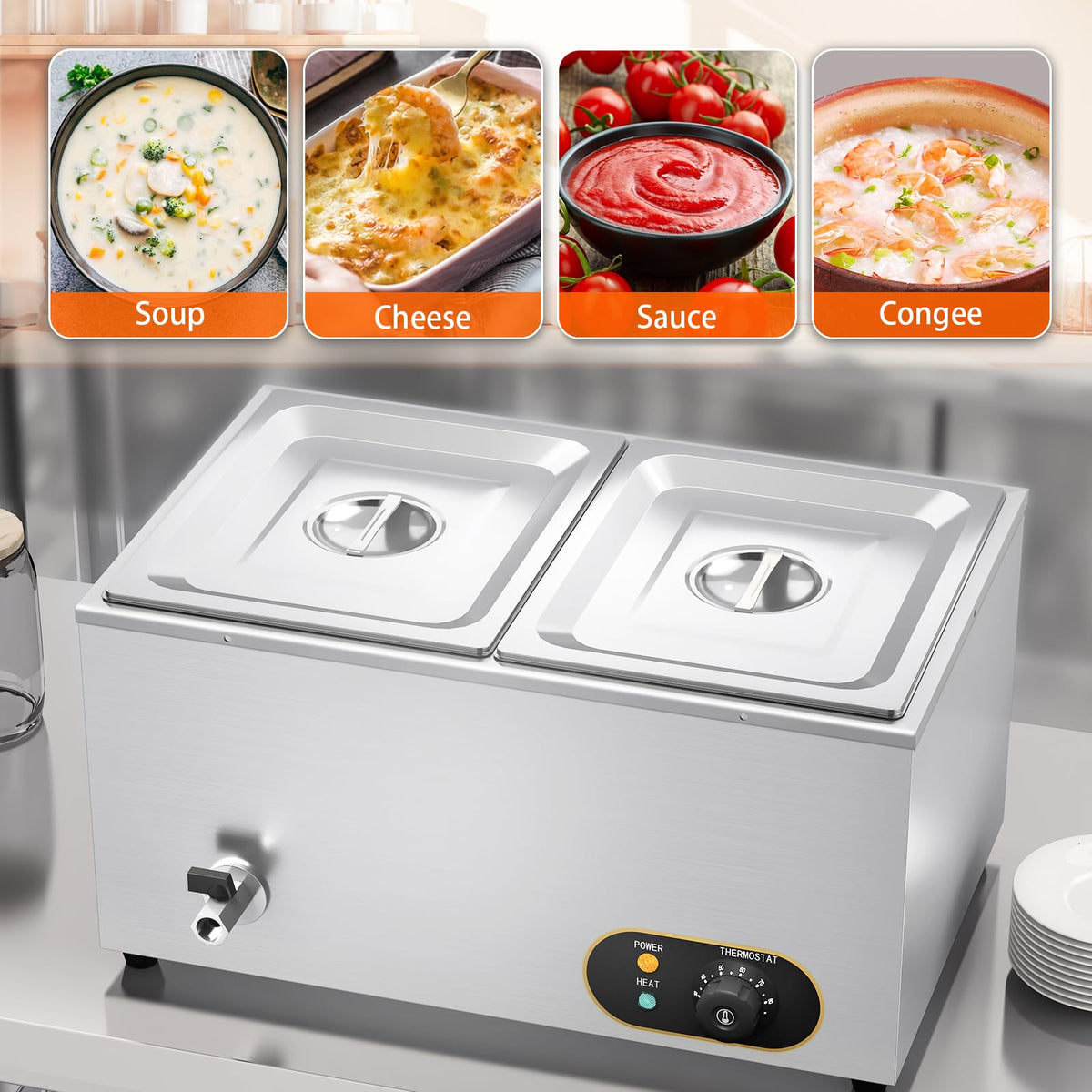 MOOTACO Bain Marie Speisenwärmer Wasserbad Gastro GN-Behältern (GN) 1/2x 2 Warmhalter Edelstahl mit Ablaufhahn 1500W Elektrischer Buffetwärmer,Wasserbad Temperatur einstellbar von 30-85 °C - Carlat