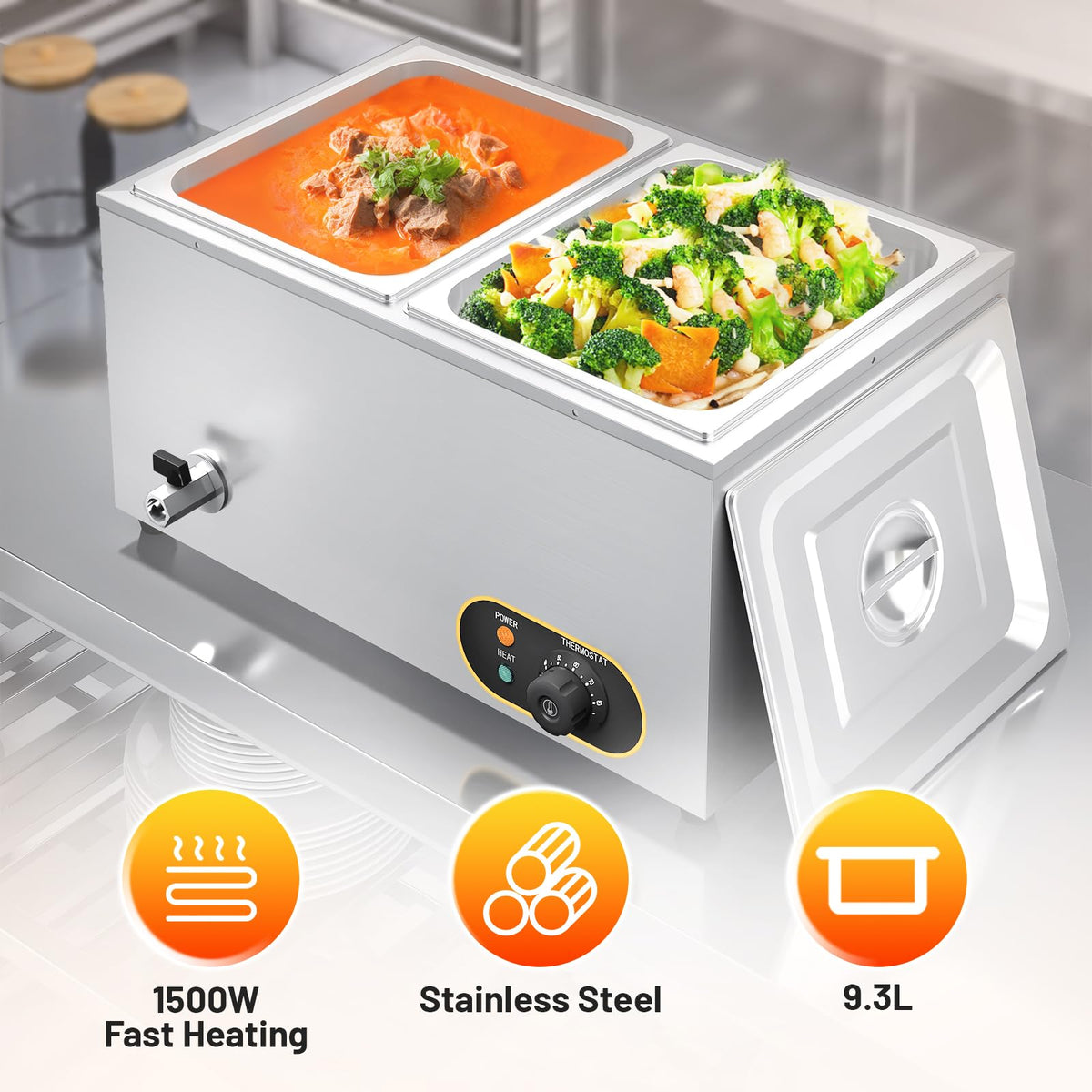 MOOTACO Bain Marie Speisenwärmer Wasserbad Gastro GN-Behältern (GN) 1/2x 2 Warmhalter Edelstahl mit Ablaufhahn 1500W Elektrischer Buffetwärmer,Wasserbad Temperatur einstellbar von 30-85 °C - Carlat