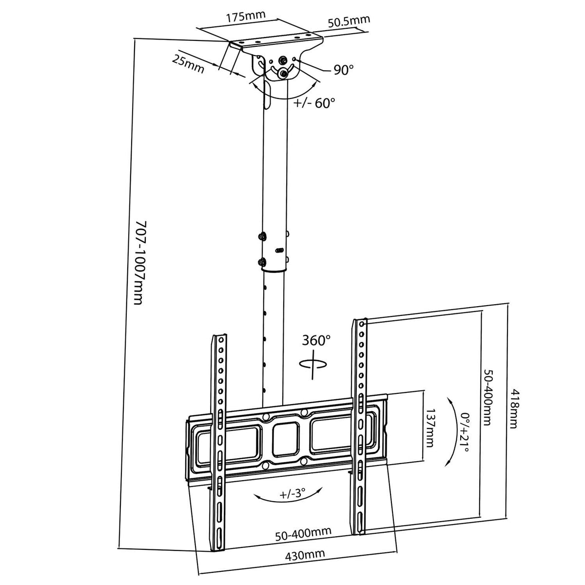 Maclean Ceiling Mount for TV, VESA 400x400, 32"-50", distance from ceiling 717-1017 mm, max 35 kg, MC-943 - Carlat