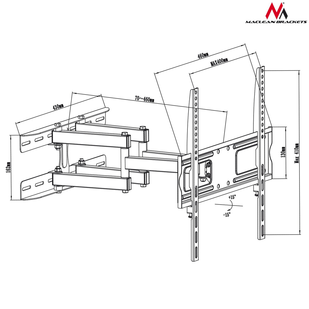 Maclean TV or Monitor Mount / Bracket, Universal, Max VESA 400x400, 26-65", 30 kg, Black, MC-760 - Carlat