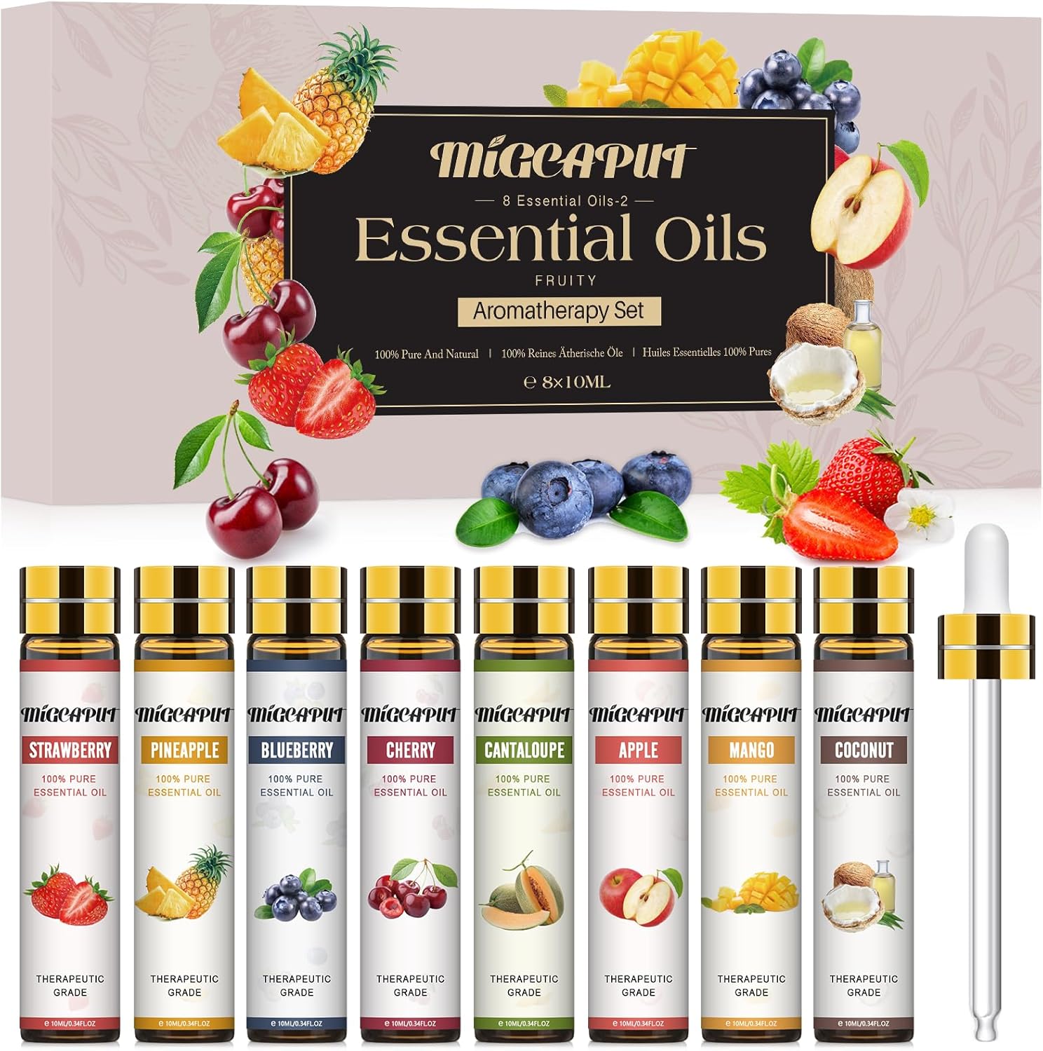 Migcaput 8 x 10 ml Fruity Essential Oils Set, Essential Oils for Diffuser Humidifier Candles, 100% Natural Essential Oils Aroma Oil - Strawberry, Blueberry, Cherry, Coconut - Carlat