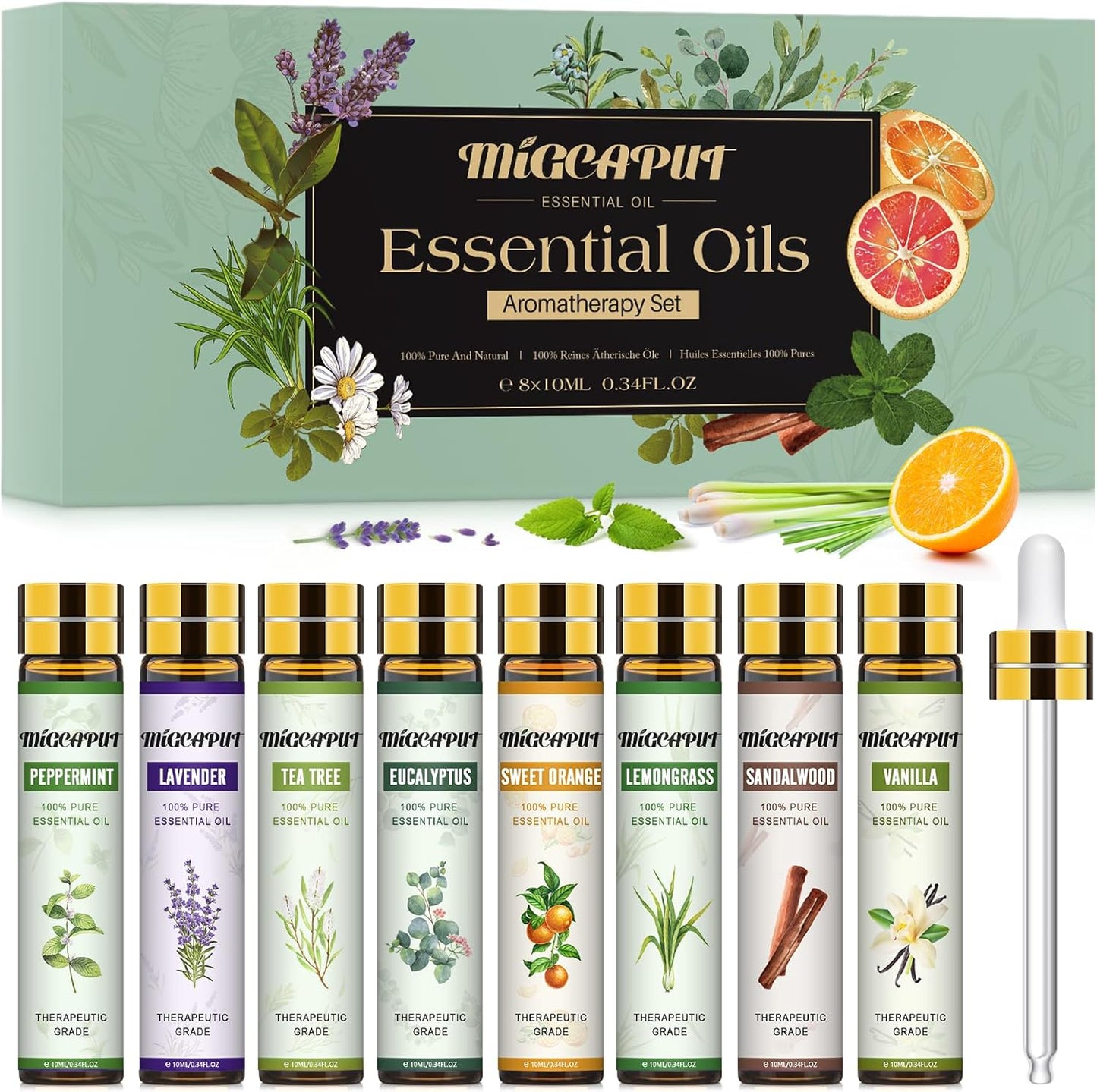 Migcaput 8 x 10 ml Fruity Essential Oils Set, Essential Oils for Diffuser Humidifier Candles, 100% Natural Essential Oils Aroma Oil - Strawberry, Blueberry, Cherry, Coconut - Carlat