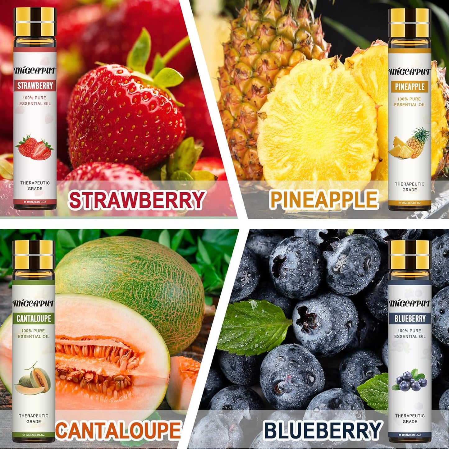 Migcaput 8 x 10 ml Fruity Essential Oils Set, Essential Oils for Diffuser Humidifier Candles, 100% Natural Essential Oils Aroma Oil - Strawberry, Blueberry, Cherry, Coconut - Carlat