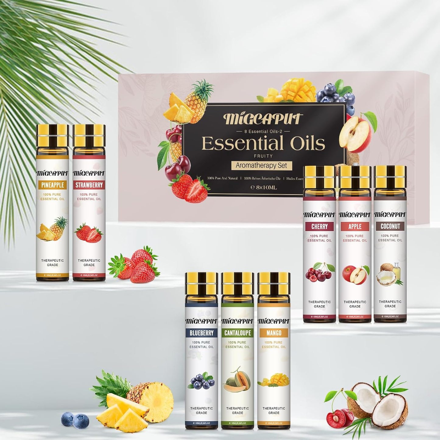 Migcaput 8 x 10 ml Fruity Essential Oils Set, Essential Oils for Diffuser Humidifier Candles, 100% Natural Essential Oils Aroma Oil - Strawberry, Blueberry, Cherry, Coconut - Carlat