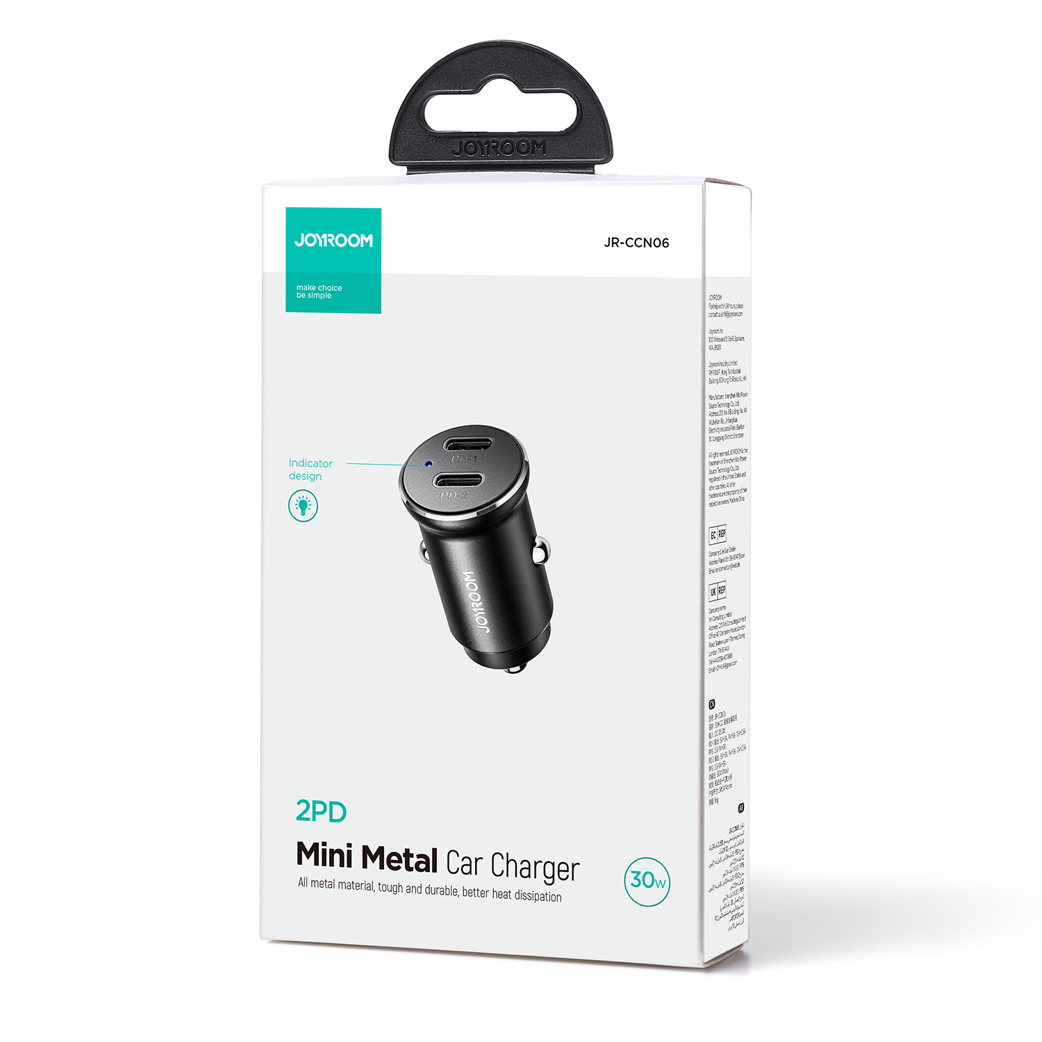 Mini car charger for cigarette lighter socket 30W 2x USB-C, metal, black - Carlat