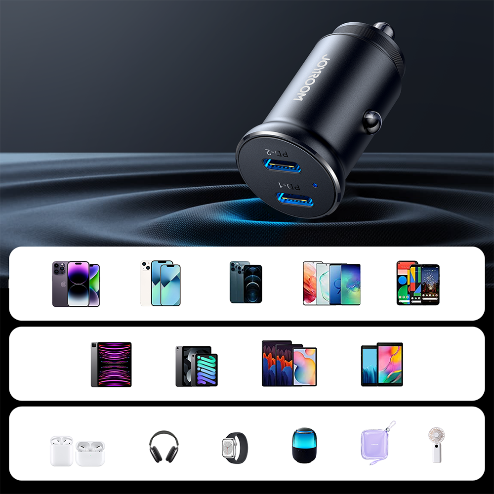 Mini car charger for cigarette lighter socket 30W 2x USB-C, metal, black - Carlat