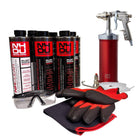 Rust removal kit with spray gun, rust remover cans, gloves, and a cloth on a white background