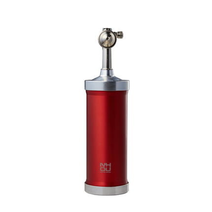 Red and silver device with a logo on a white background