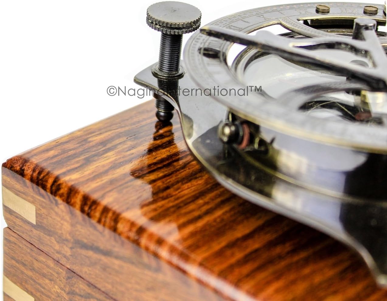 Nagina International 5" Triangular Beautiful Nautical Sundial Compass With Level Meter Encased In Genuine Rosewood Anchor Inlaid Case | Maritime Decor Gifts (Antique Brass) - Carlat