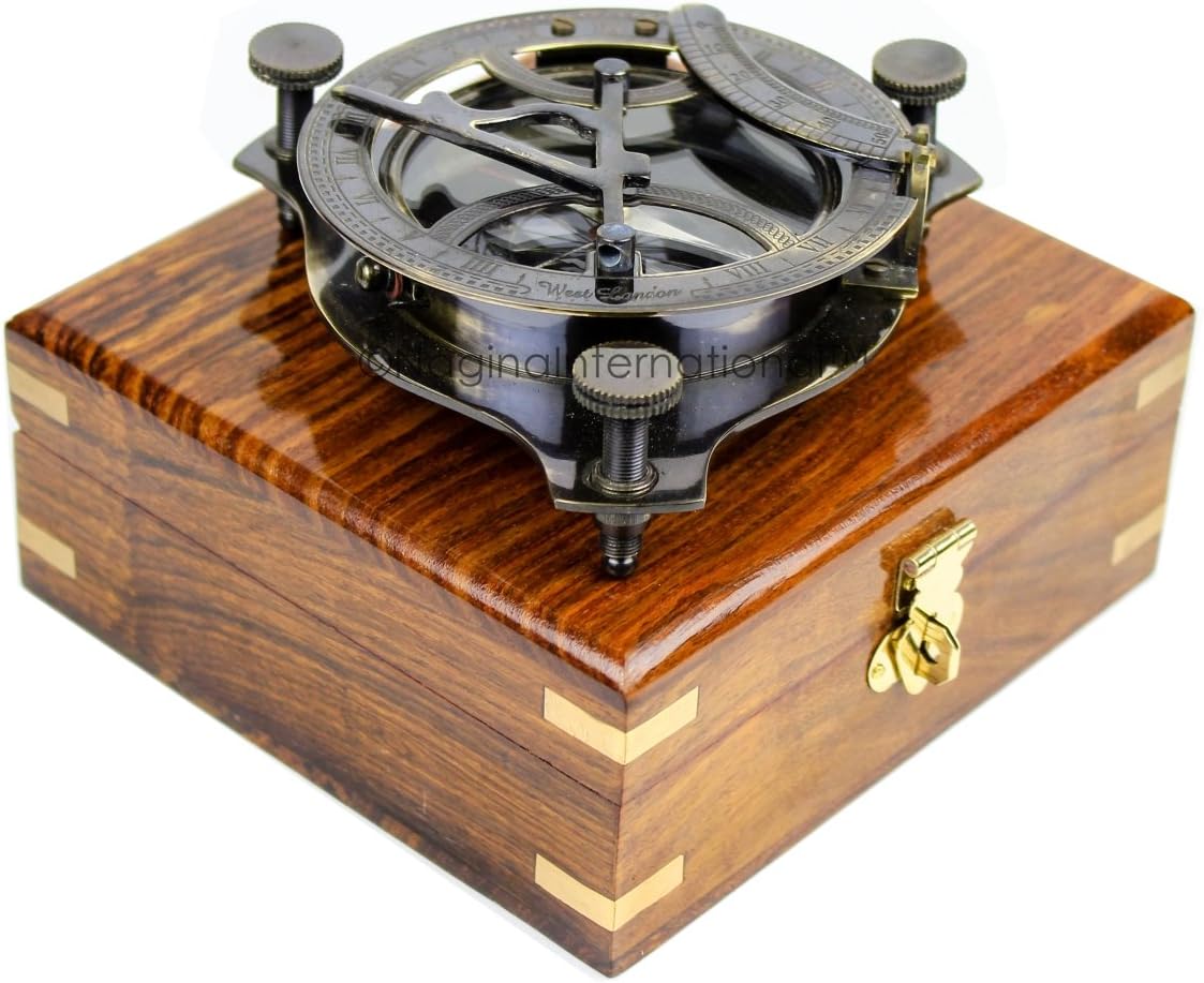 Nagina International 5" Triangular Beautiful Nautical Sundial Compass With Level Meter Encased In Genuine Rosewood Anchor Inlaid Case | Maritime Decor Gifts (Antique Brass) - Carlat