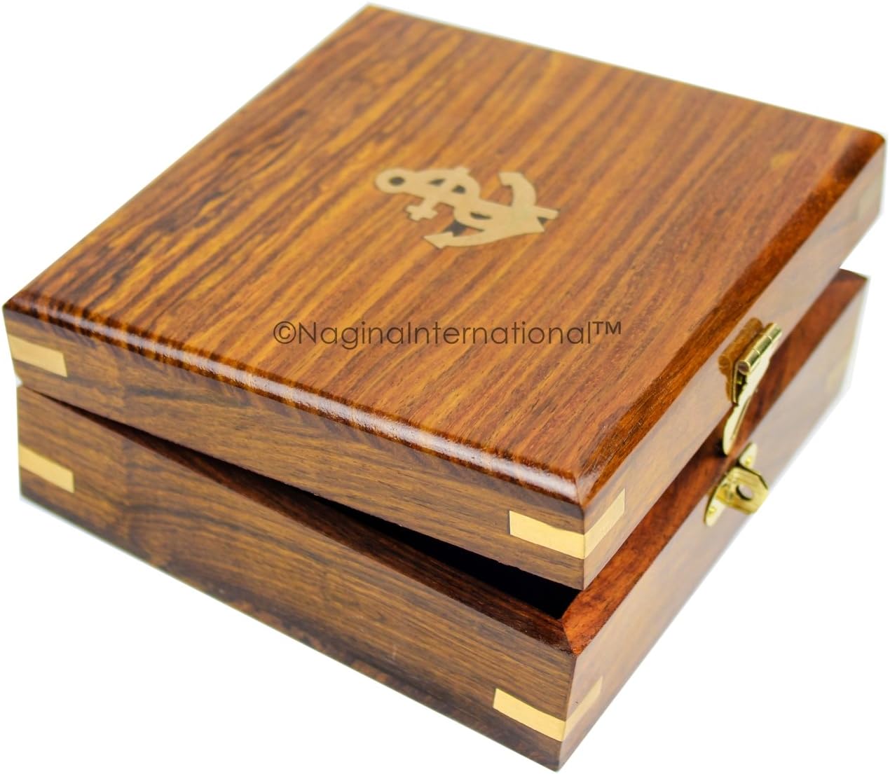Nagina International 5" Triangular Beautiful Nautical Sundial Compass With Level Meter Encased In Genuine Rosewood Anchor Inlaid Case | Maritime Decor Gifts (Antique Brass) - Carlat