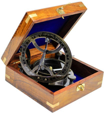 Nagina International 5" Triangular Beautiful Nautical Sundial Compass With Level Meter Encased In Genuine Rosewood Anchor Inlaid Case | Maritime Decor Gifts (Antique Brass) - Carlat