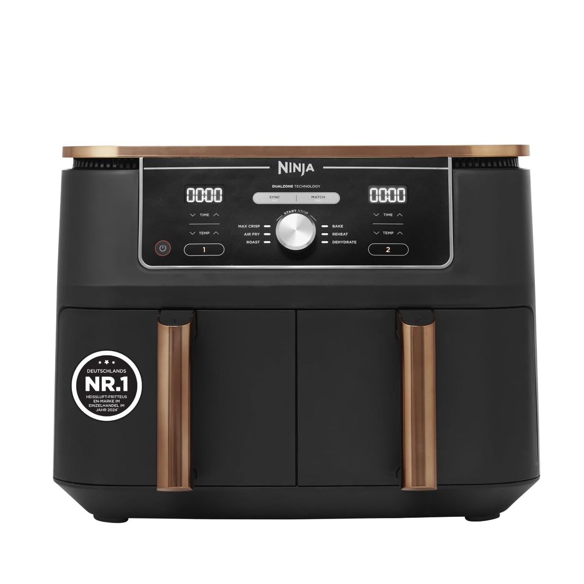Ninja Foodi MAX Dual Zone Heißluftfritteuse, 9,5L Airfryer, 2 Fächer, mit Zange, Antihaftbeschichtung, spülmaschinenfeste Körbe, 6-in-1, Amazon Exklusiv, Kupfer/Schwarz, AF400EUCP - Carlat