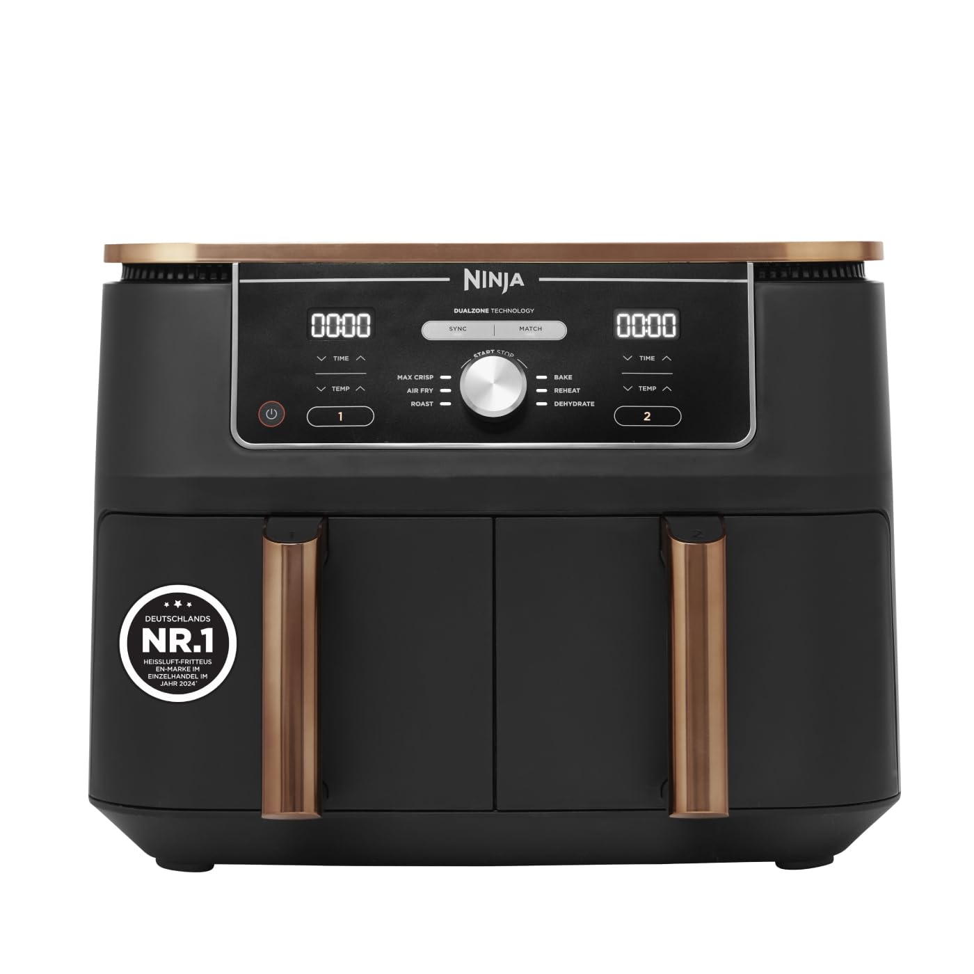Ninja Foodi MAX Dual Zone Heißluftfritteuse, 9,5L Airfryer, 2 Fächer, mit Zange, Antihaftbeschichtung, spülmaschinenfeste Körbe, 6-in-1, Amazon Exklusiv, Kupfer/Schwarz, AF400EUCP - Carlat