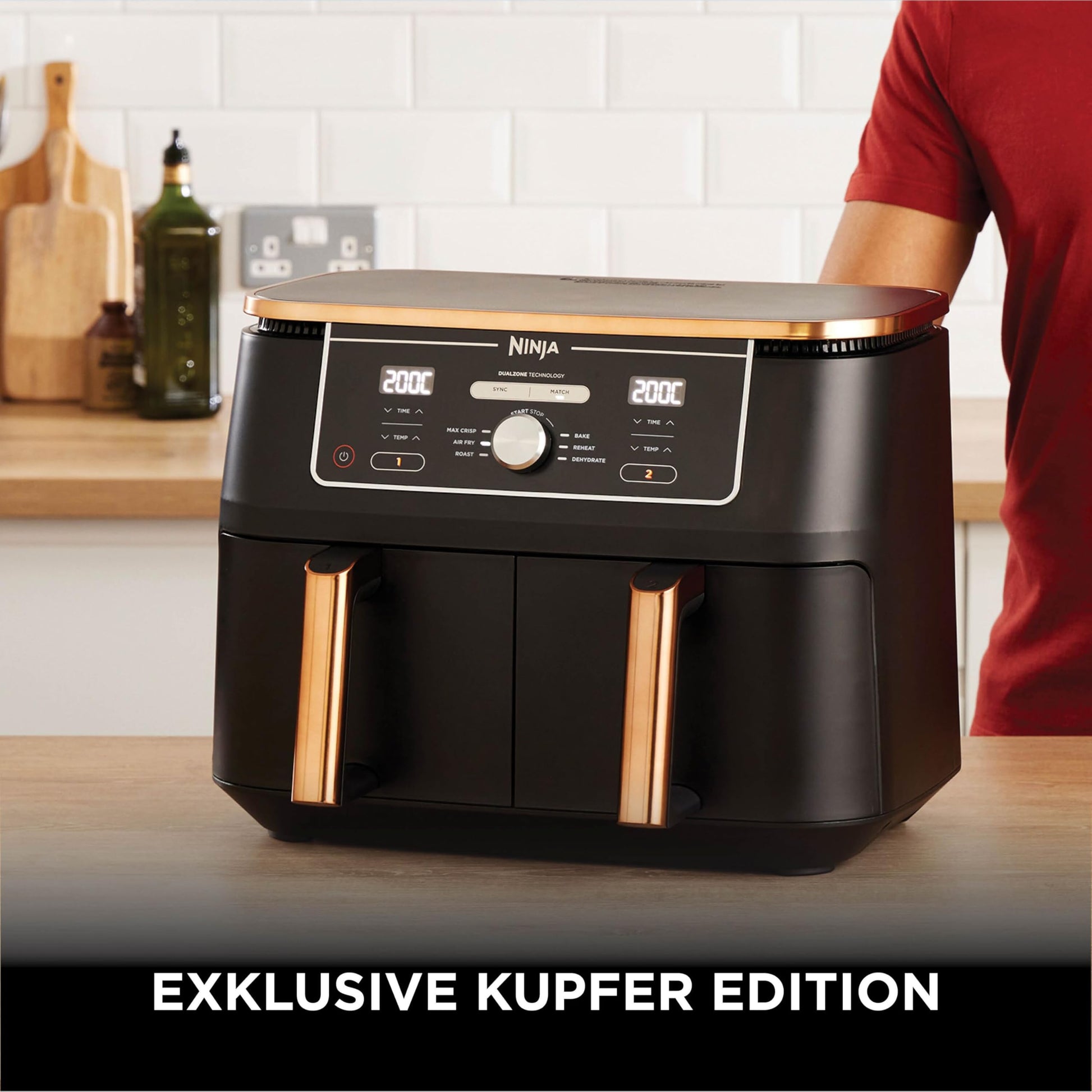 Ninja Foodi MAX Dual Zone Heißluftfritteuse, 9,5L Airfryer, 2 Fächer, mit Zange, Antihaftbeschichtung, spülmaschinenfeste Körbe, 6-in-1, Amazon Exklusiv, Kupfer/Schwarz, AF400EUCP - Carlat