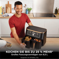 Ninja Foodi MAX Dual Zone Heißluftfritteuse, 9,5L Airfryer, 2 Fächer, mit Zange, Antihaftbeschichtung, spülmaschinenfeste Körbe, 6-in-1, Amazon Exklusiv, Kupfer/Schwarz, AF400EUCP - Carlat