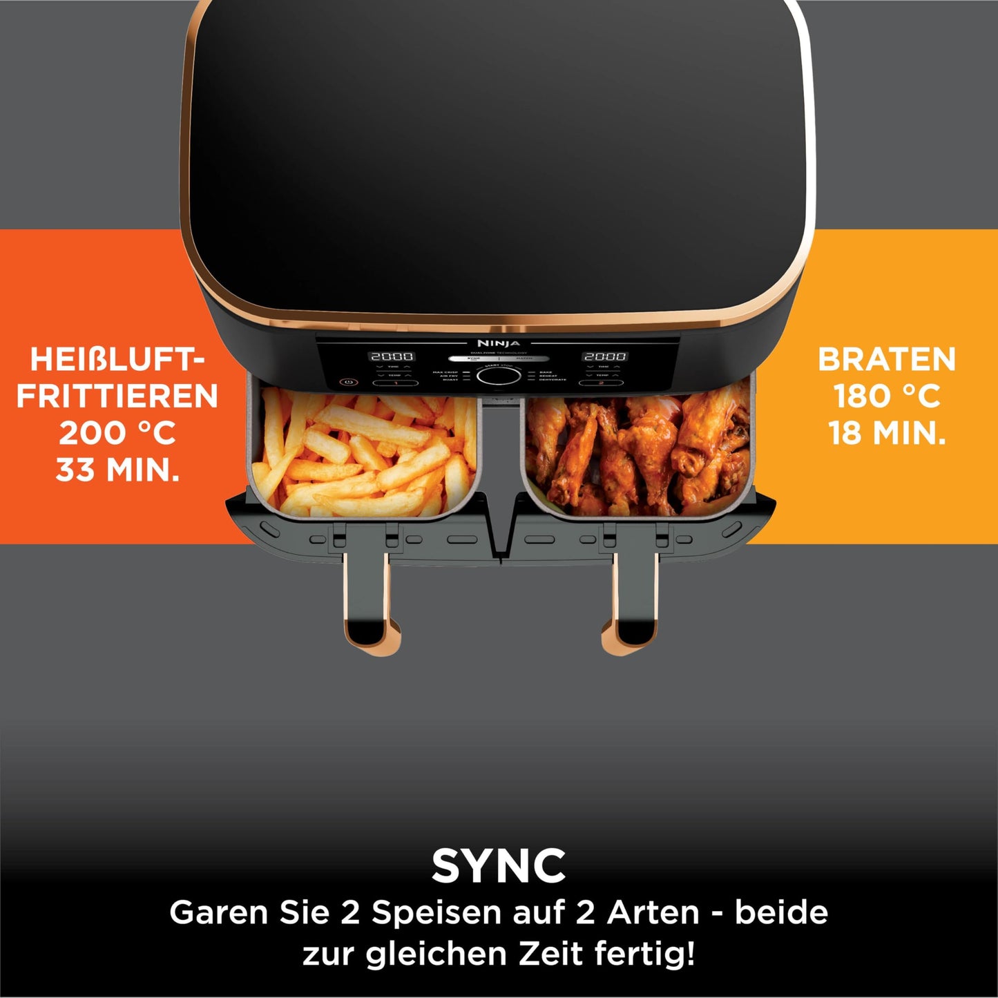 Ninja Foodi MAX Dual Zone Heißluftfritteuse, 9,5L Airfryer, 2 Fächer, mit Zange, Antihaftbeschichtung, spülmaschinenfeste Körbe, 6-in-1, Amazon Exklusiv, Kupfer/Schwarz, AF400EUCP - Carlat