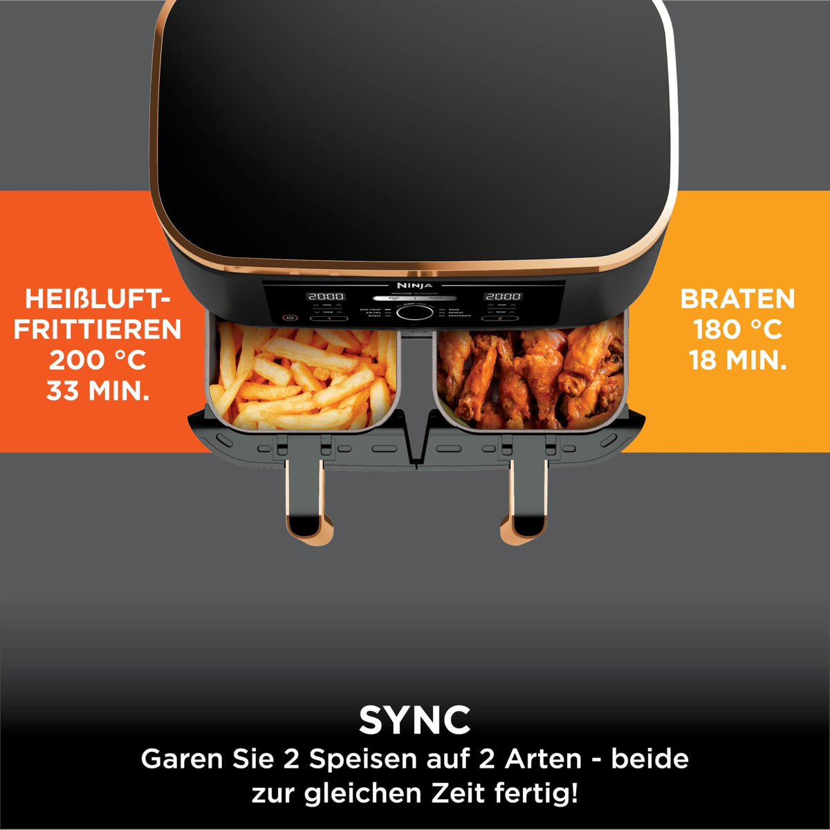 Ninja Foodi MAX Dual Zone Heißluftfritteuse, 9,5L Airfryer, 2 Fächer, mit Zange, Antihaftbeschichtung, spülmaschinenfeste Körbe, 6-in-1, Amazon Exklusiv, Kupfer/Schwarz, AF400EUCP - Carlat