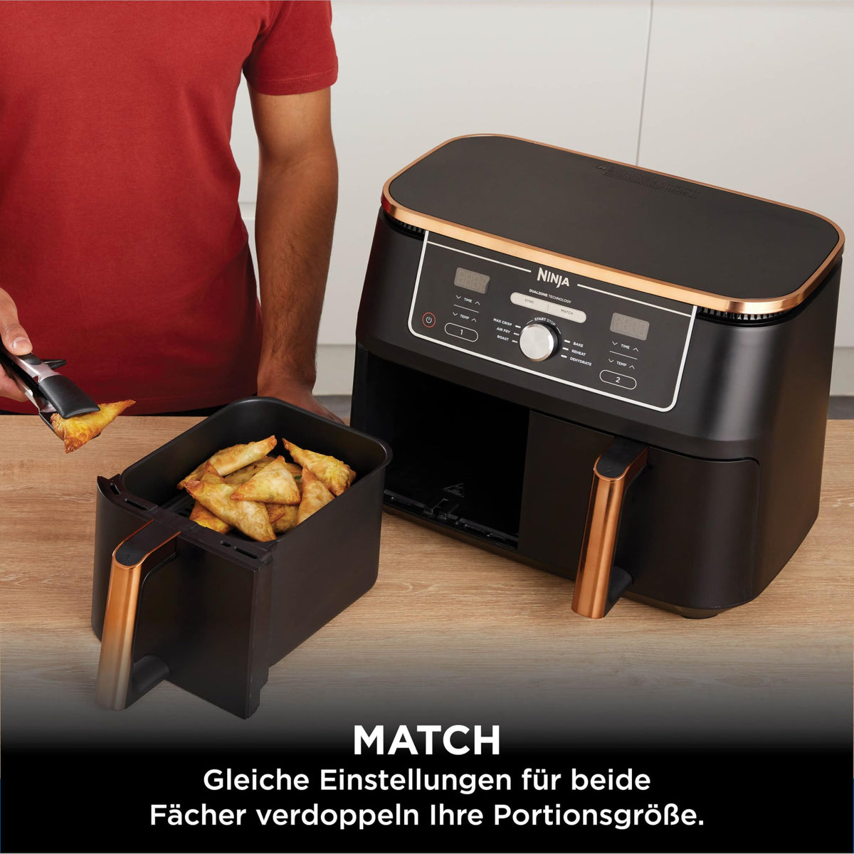 Ninja Foodi MAX Dual Zone Heißluftfritteuse, 9,5L Airfryer, 2 Fächer, mit Zange, Antihaftbeschichtung, spülmaschinenfeste Körbe, 6-in-1, Amazon Exklusiv, Kupfer/Schwarz, AF400EUCP - Carlat