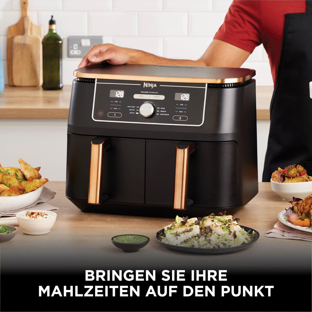 Ninja Foodi MAX Dual Zone Heißluftfritteuse, 9,5L Airfryer, 2 Fächer, mit Zange, Antihaftbeschichtung, spülmaschinenfeste Körbe, 6-in-1, Amazon Exklusiv, Kupfer/Schwarz, AF400EUCP - Carlat