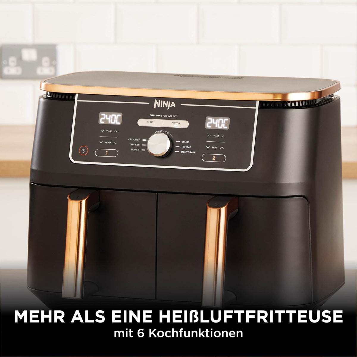 Ninja Foodi MAX Dual Zone Heißluftfritteuse, 9,5L Airfryer, 2 Fächer, mit Zange, Antihaftbeschichtung, spülmaschinenfeste Körbe, 6-in-1, Amazon Exklusiv, Kupfer/Schwarz, AF400EUCP - Carlat