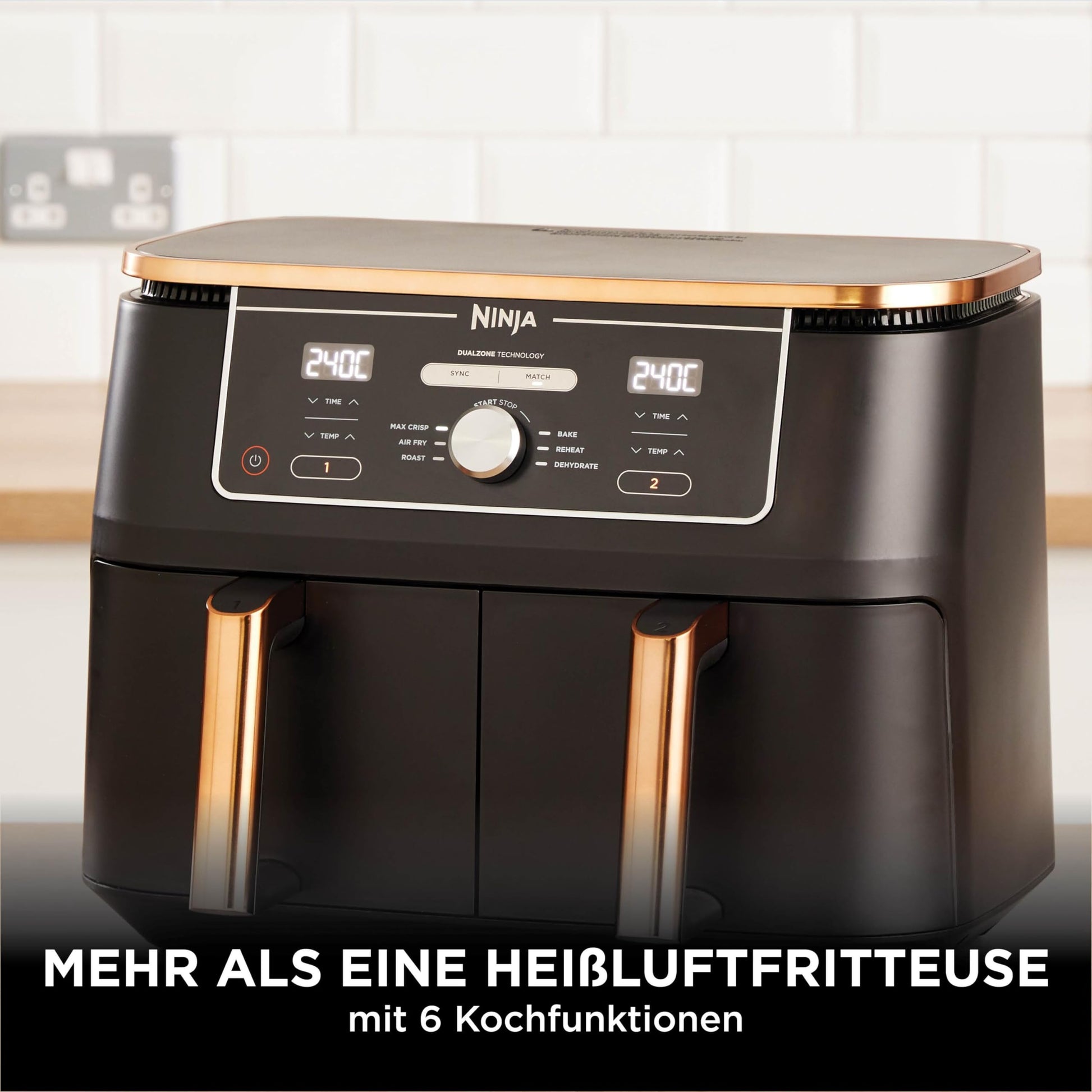 Ninja Foodi MAX Dual Zone Heißluftfritteuse, 9,5L Airfryer, 2 Fächer, mit Zange, Antihaftbeschichtung, spülmaschinenfeste Körbe, 6-in-1, Amazon Exklusiv, Kupfer/Schwarz, AF400EUCP - Carlat