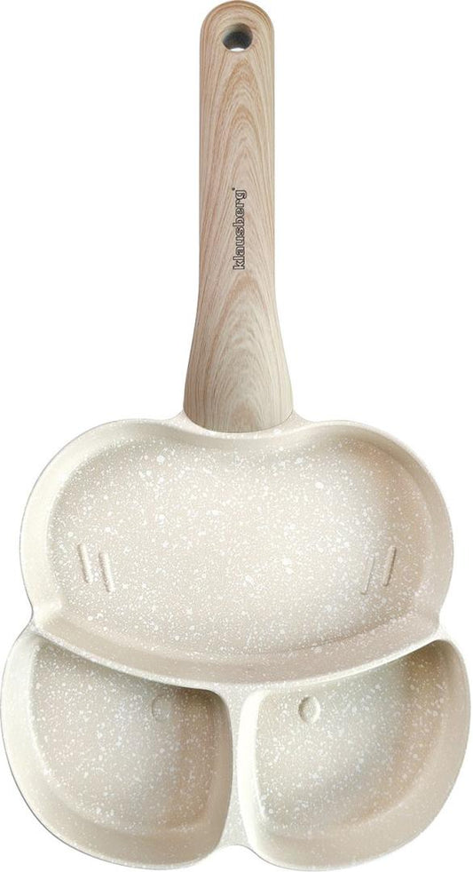 Nonstick frying pan, 3 sections, beige with a wood-look handle, 24x19x2.5 cm, Klausberg, KB-7825 - Carlat
