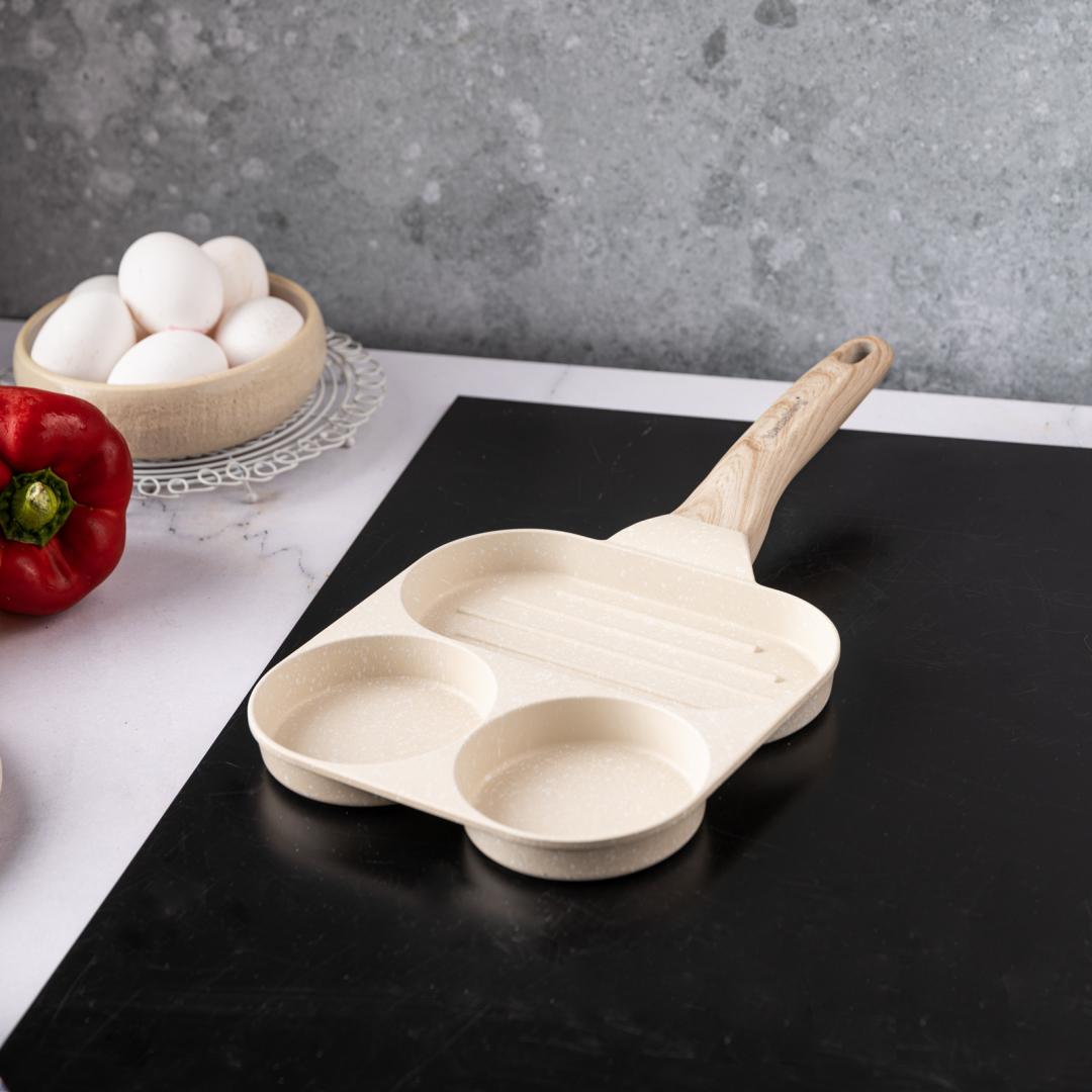 Nonstick frying pan, 3 sections, beige with a wood-look handle, 36x18.5x2.5 cm, Klausberg, KB-7818 - Carlat