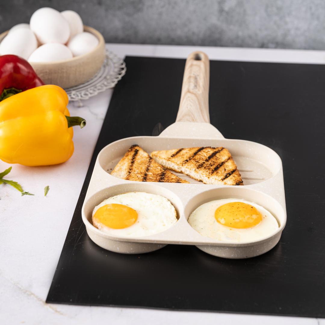 Nonstick frying pan, 3 sections, beige with a wood-look handle, 36x18.5x2.5 cm, Klausberg, KB-7818 - Carlat
