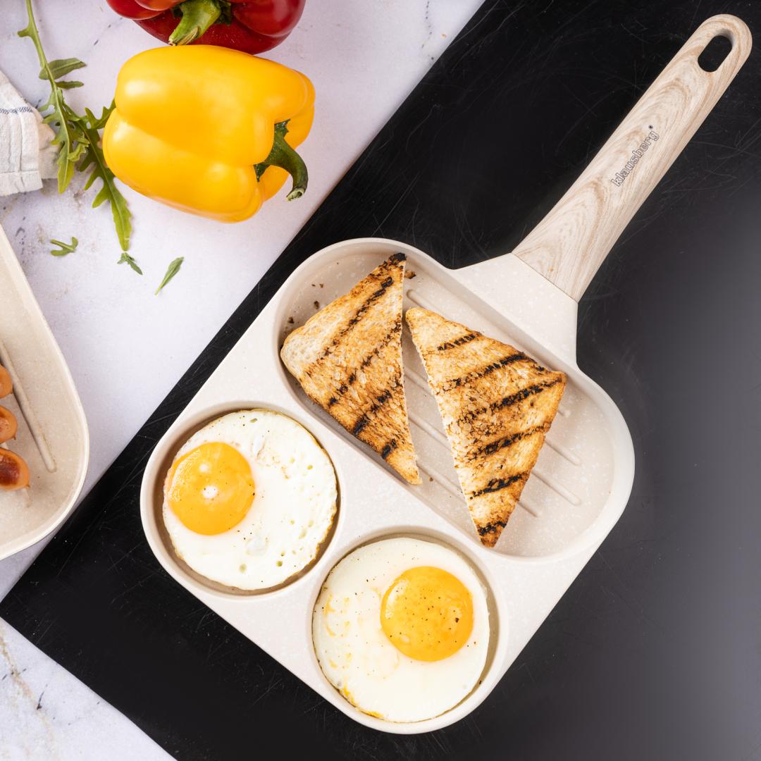 Nonstick frying pan, 3 sections, beige with a wood-look handle, 36x18.5x2.5 cm, Klausberg, KB-7818 - Carlat